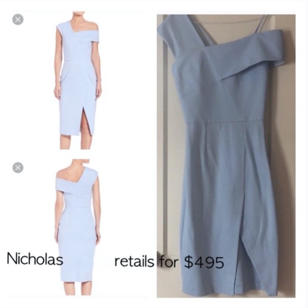 Nicholas K Lite Blue Ponti One Shoulder Slit Dress